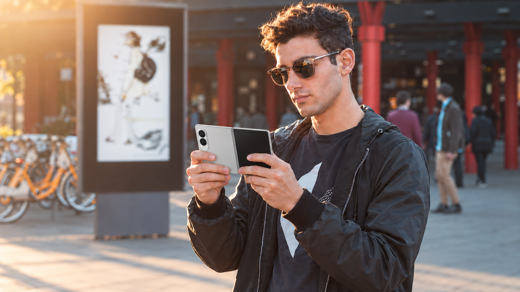 Man using an unfolded silver Fold8 on a sunlit city street